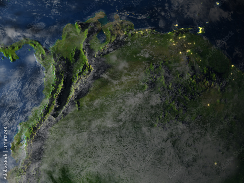North of South America at night on planet Earth