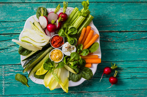 Fresh and raw vegetables. Italian food pinzimonio. Healthy and vegetarian appetizer. photo