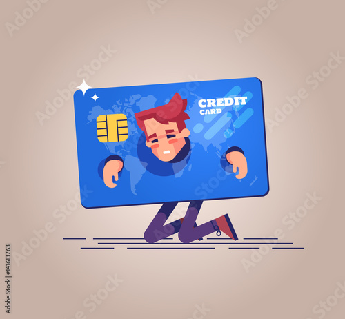 The upset businessman is kneeling and shackled in fetters in the form of a credit card. Concept of squander  and credit slavery. Vector illustration.