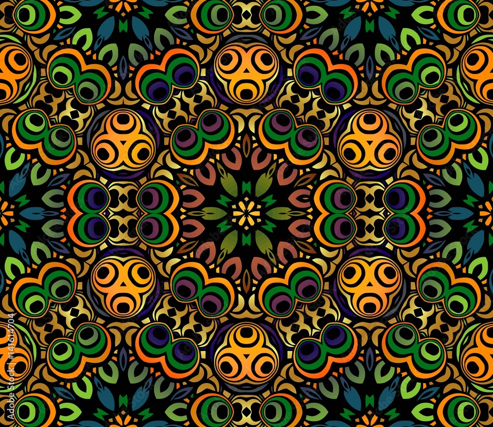 abstract background colorful symmetrical pattern of the elements of geometric shapes, wavy lines and spirals