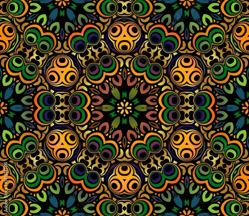 abstract background colorful symmetrical pattern of the elements of geometric shapes, wavy lines and spirals