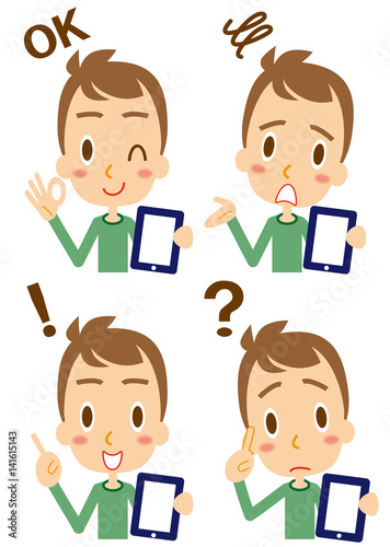 表情　タブレットを使う若い男性