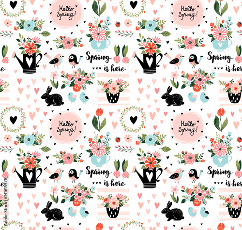 Spring background, seamless vector pattern with flowers, bird and quotes