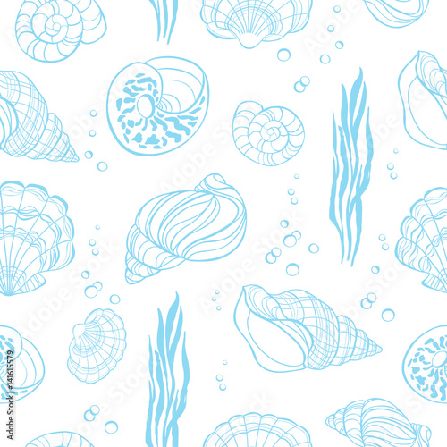 Hand drawn seashells seamless pattern on white background