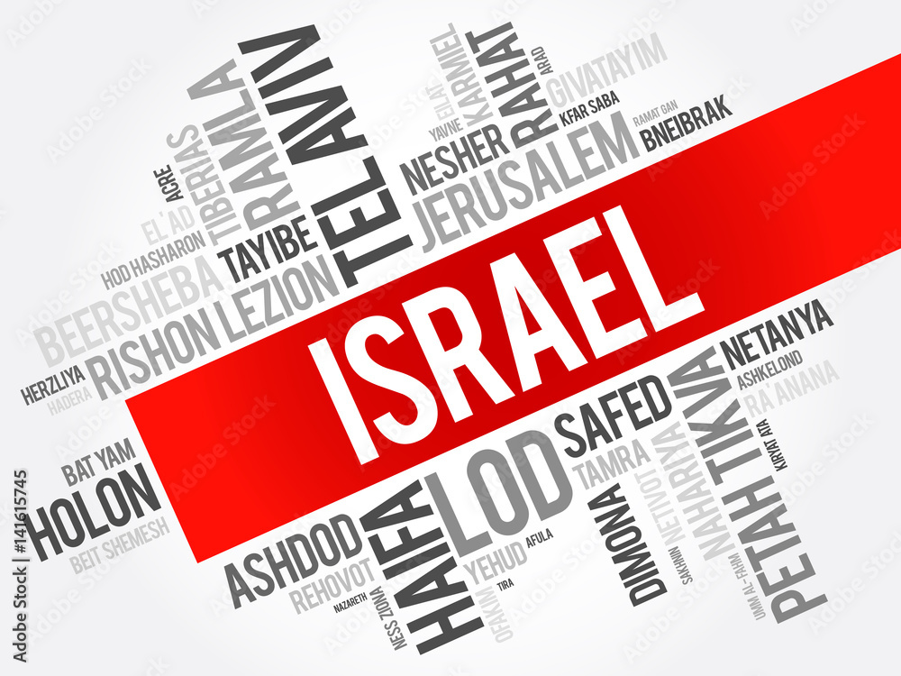 List of cities and towns in Israel, word cloud collage, business and travel concept background