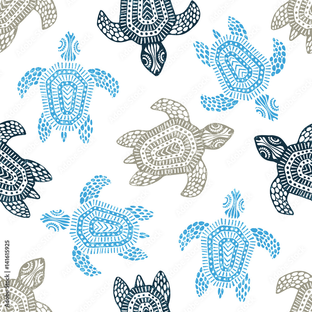 Fototapeta premium Turtles - seamless pattern. Blue, gray and white colors. Grunge texture.