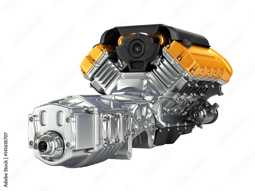 Automotive engine gearbox assembly without shadow on white background 3D Automotive engine gearbox assembly without shadow on white background 3D