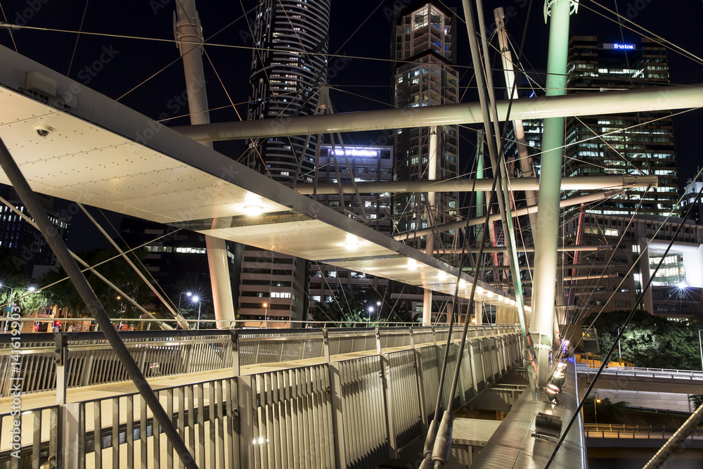 Kurilpa Bridge illuminated pedestrian architecture closeup looking towards Brisbane CBD Kurilpa Bridge illuminated pedestrian architecture closeup looking towards Brisbane CBD