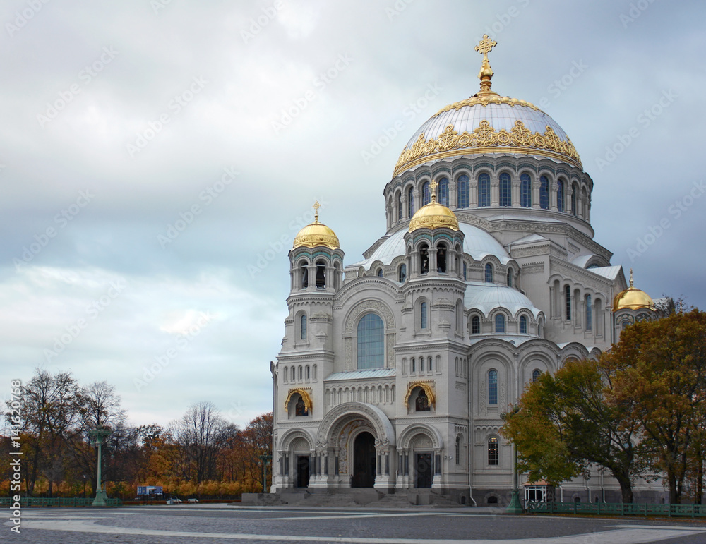 The Naval cathedral of Saint Nicholas in Kronstadt, St. Petersburg in autumn