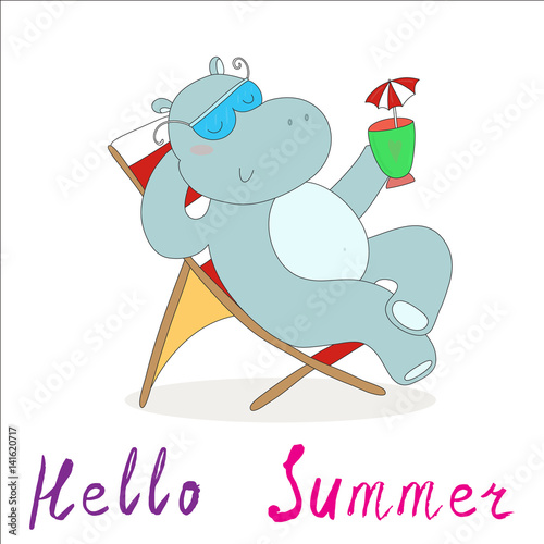 Hand Drawn cute cartoon hippo in the Seashore, vector illustration.
