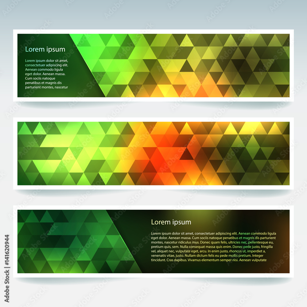 Abstract banner with business design templates. Set of Banners with polygonal mosaic backgrounds. Geometric triangular vector illustration. Green, red, yellow colors