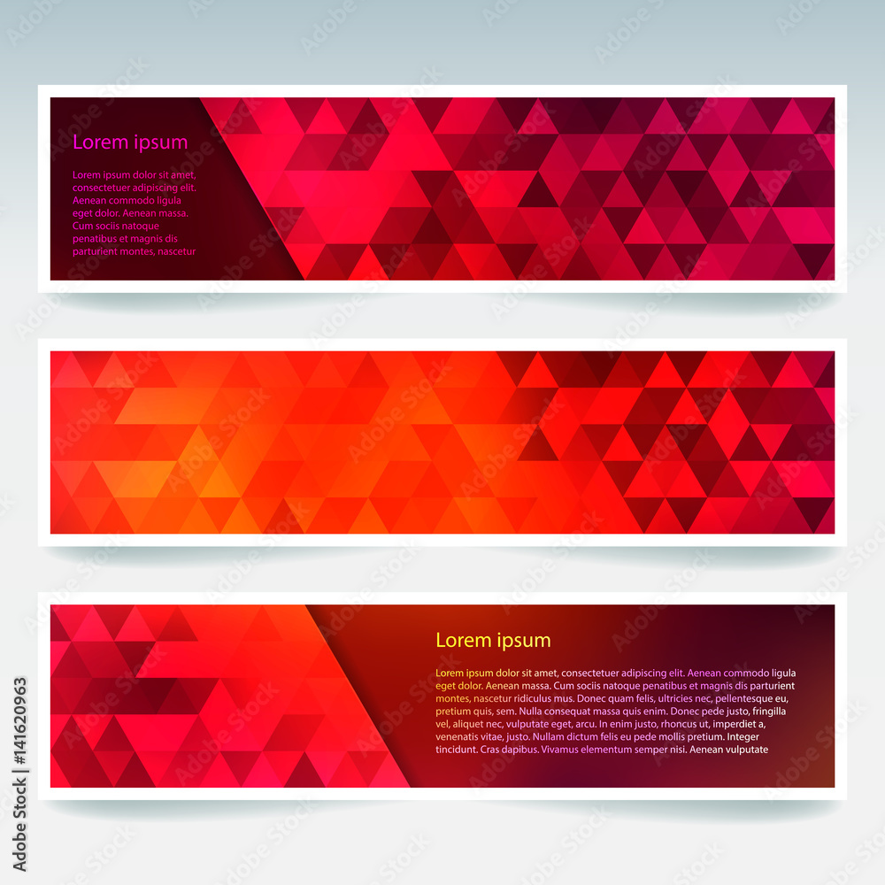 Horizontal banners set with polygonal red triangles. Polygon background, vector illustration Horizontal banners set with polygonal red triangles. Polygon background, vector illustration
