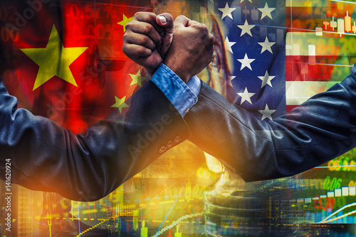 Canvas Print businessman competing in arm wrestling on USA and china flag background