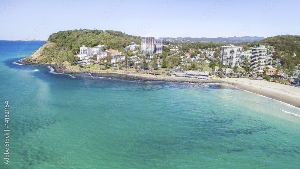 Aerial view of Burleigh Heads, surrounds and beach. Gold Coast Australia