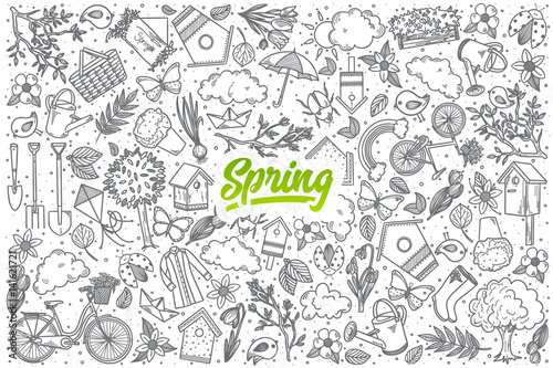 Hand drawn Spring doodle set background with green lettering in vector © drawlab19