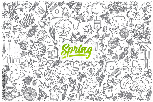 Hand drawn Spring doodle set background with green lettering in vector
