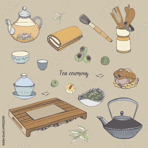Set tea ceremony with various traditional tools. Teapot, bowls, gaiwan. Colorful hand drawn illustration.