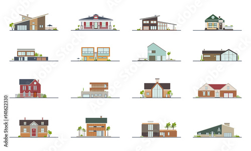Set of different styles residential houses. Colorful flat vector illustration. Collection building villa, cottage, mansion. photo