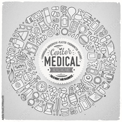 Vector set of Medical cartoon doodle objects