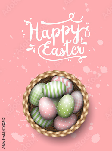 Basket with painted easter eggs on pink spotted background, illustration
