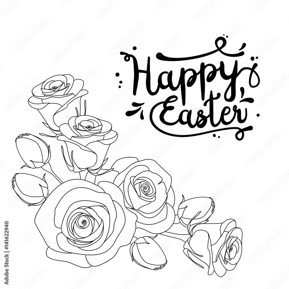 Greeting card with text Happy Easter and roses, colouring page for adults, illustration