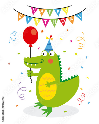 birthday card. Crocodile with party cap, balloon and confetti