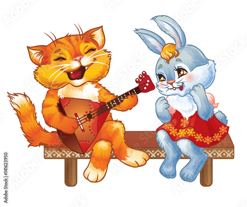Russian cat and bunny  playing the balalaika and sing.  Vector clip-art illustration on a white background.