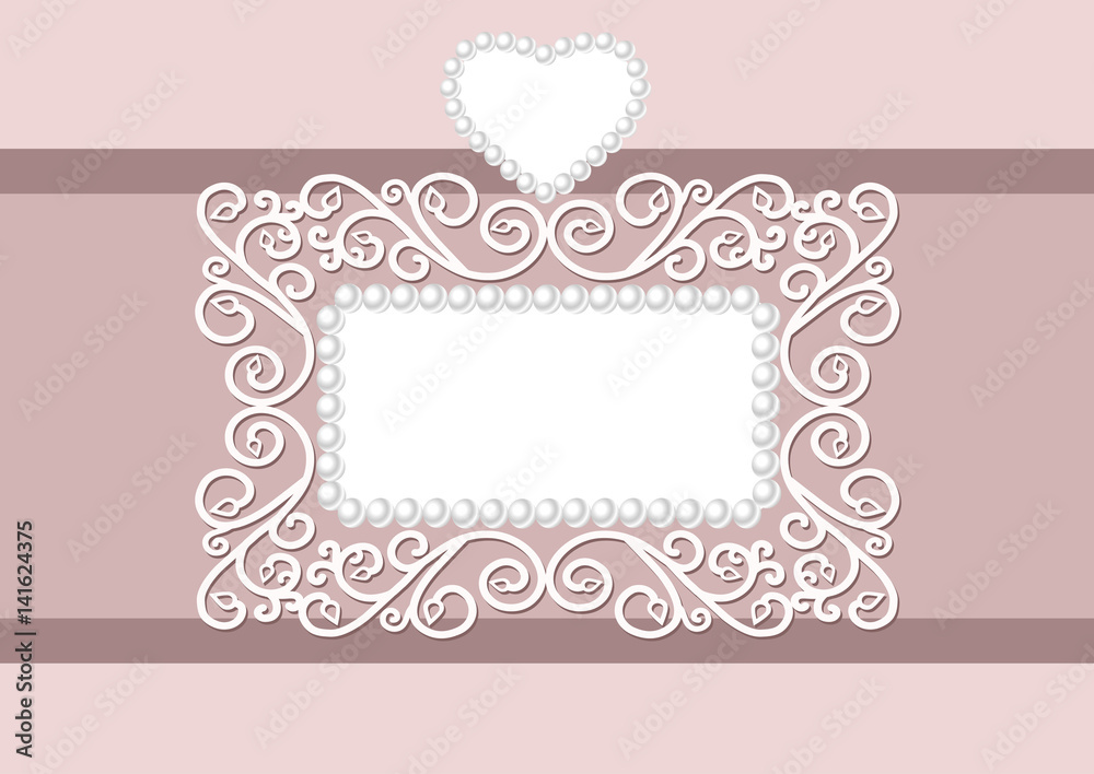 Wedding invitation with decorative a pearl frame and heart, with space for text. Postcard for wedding, marriage, bridal, birthday, Valentine's day. On a gentle pink background. Wedding invitation with decorative a pearl frame and heart, with space for text. Postcard for wedding, marriage, bridal, birthday, Valentine's day. On a gentle pink background.