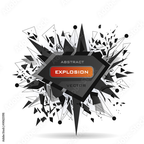 Abstract modern vector explosion banner. Black triangles, lines, points connected by the middle with red inscription.