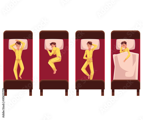 Man sleeping in bed, lying on back, side, under blanket, top view, cartoon vector illustration on white background. Top view of man sleeping in bed in different positions, lying on back and on side