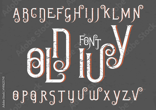 Vector alphabet set. Capital grunge letters with decorative flourishes in the Art Nouveau style. White font on black background.
