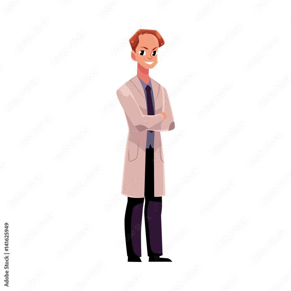 Male, man doctor in white medical coat standing confidently with arms folded, crossed on breast, cartoon vector illustration isolated on white background. Full length portrait of male, man doctor Male, man doctor in white medical coat standing confidently with arms folded, crossed on breast, cartoon vector illustration isolated on white background. Full length portrait of male, man doctor