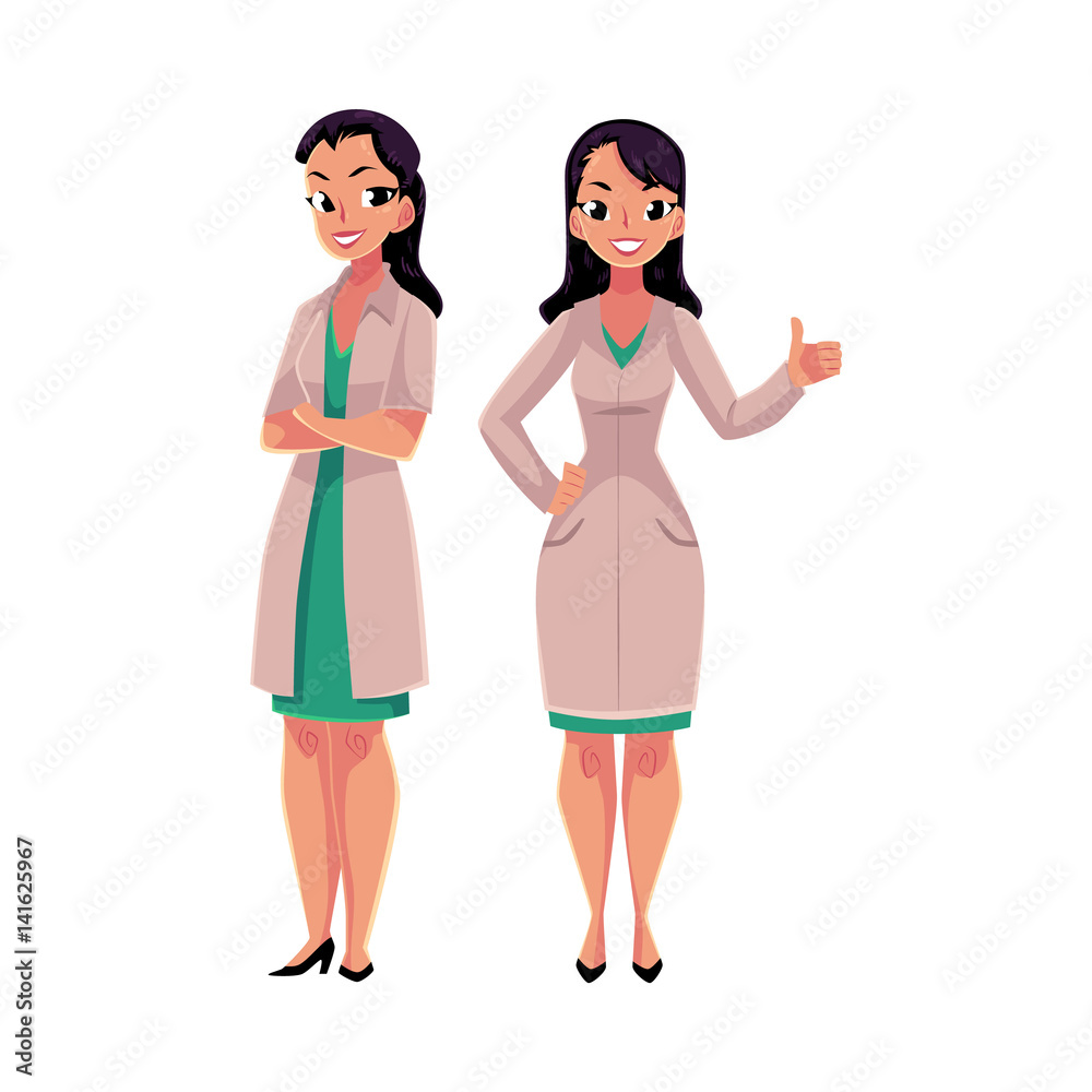 Two female, woman doctors in white medical coats, one with arms folded,  another showing thumb up, cartoon vector illustration isolated on white  background. Full length portrait of two female doctors Stock Vector |