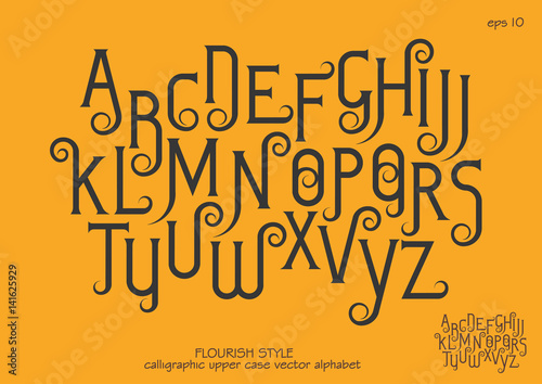 Vector alphabet set. Capital letters with decorative flourishes in the Art Nouveau style. Black letters on a yellow background.