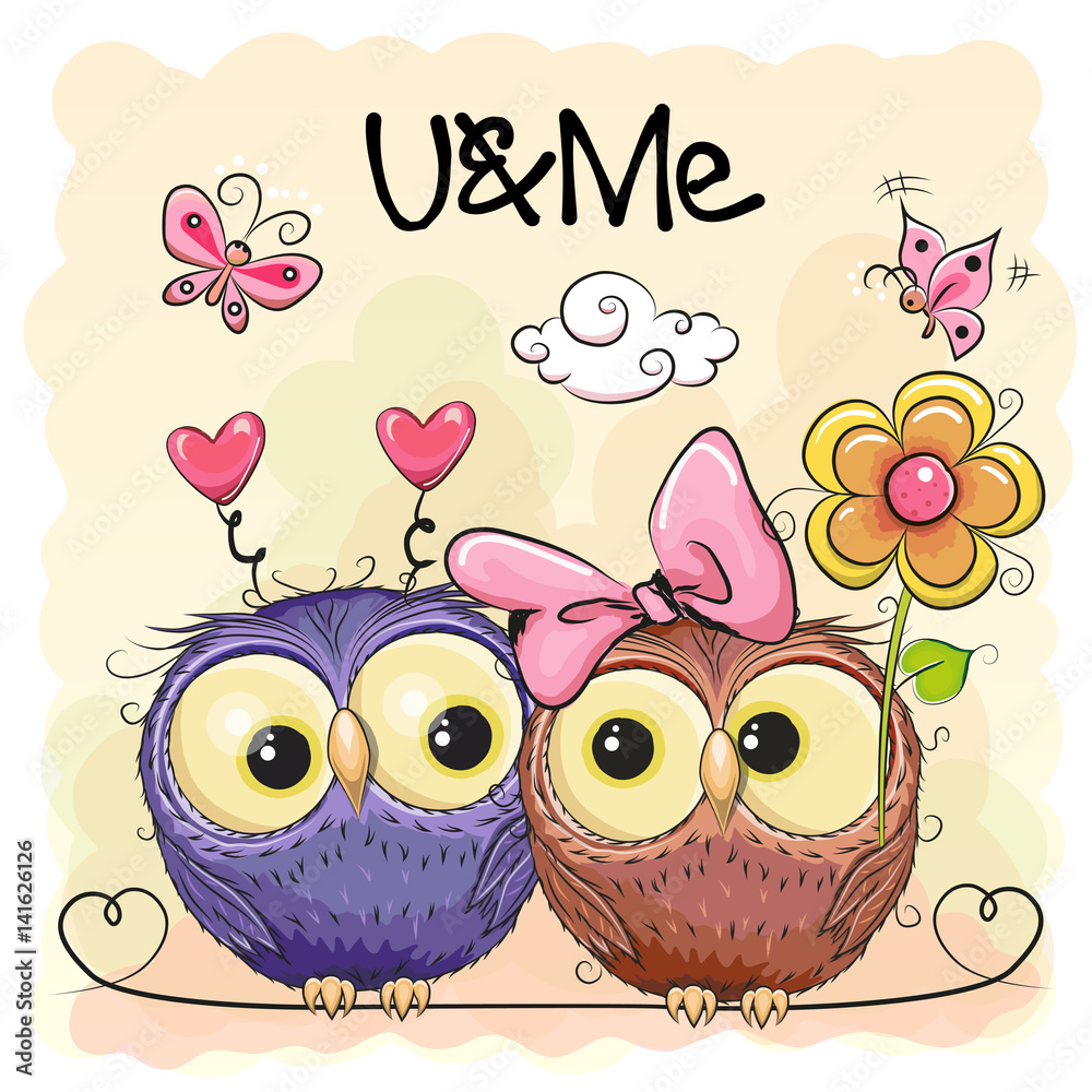 Obraz premium Two Cute Owls on Orange background