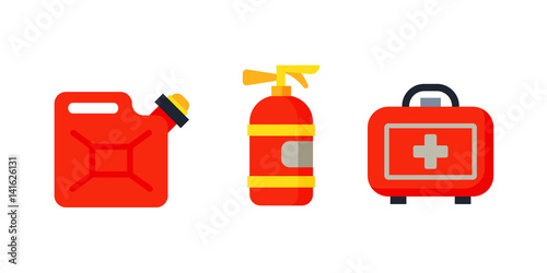 Safety car medical kit isolated canister fire extinguisher and health care design ambulance icon case transportation warning vector illustration.