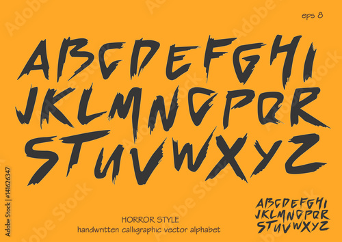 Alphabet vector set of black capital handwritten letters on yellow background. Handwritten italic font with brush strokes in horror style.