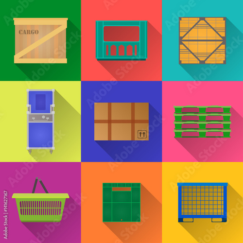 Vector set of flat square color icons of wood, plastic, metal containers and pallets for transportation and storage of goods.