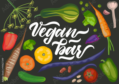 Vector illustration on theme of healthy food, vegetarianism. Different color vegetables on black background and white handwritten lettering "Vegan Bar".