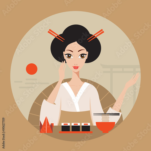 Beautiful Japan Travel banner with Geisha Sushi Origami and Noodles