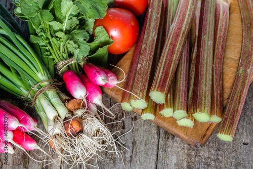 Fresh vegetable bunches, garden produce, healthy vegetarian food concept