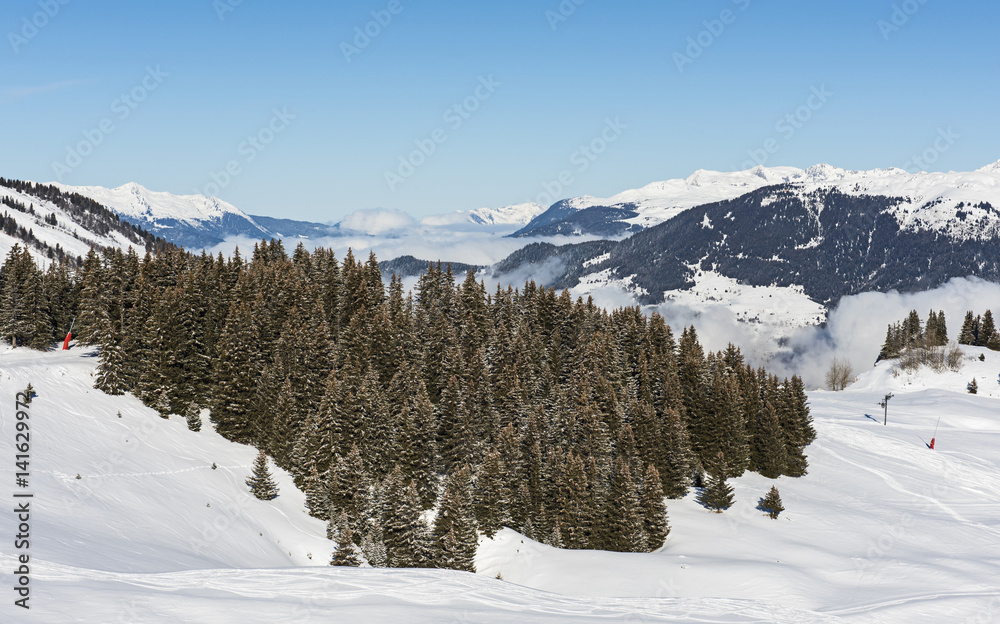 Panoramic view down an alpine mountain valley