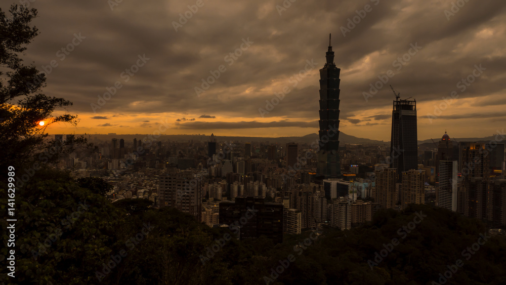 Sunset of cityscape nightlife view of Taipei. Taiwan city skyline at twilight time, public scene from view point at Elephant Mountain Hiking Trail.