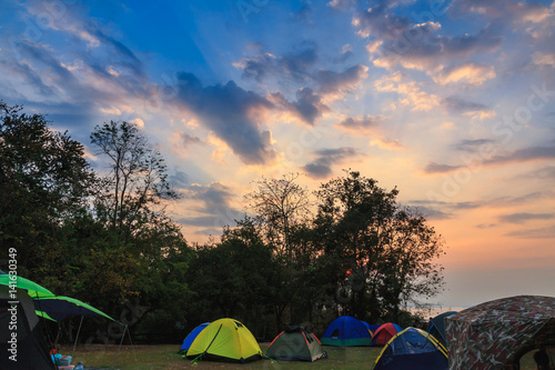 Sky clouds with light sunrise beautiful with camping tent