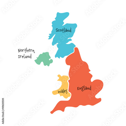 United Kingdom, aka UK, of Great Britain and Northern Ireland hand-drawn blank map. Divided to four countries - England, Wales, Scotland and NI. Simple flat vector illustration.