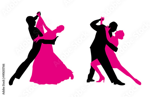 Couples are dancing. Vector clip art magenta and black