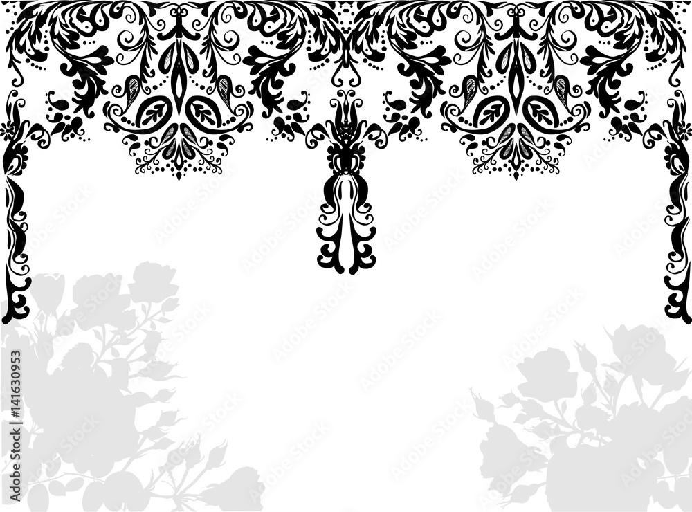frame from black curls and roses isolated on white