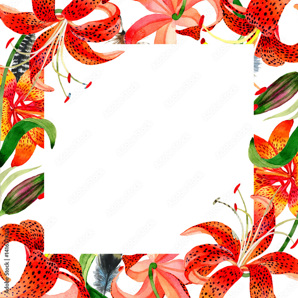 Naklejka premium Wildflower leopard lily flower frame in a watercolor style isolated.