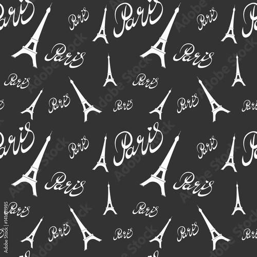 Seamless pattern Eiffel Tower with hearts.Hand drawing .