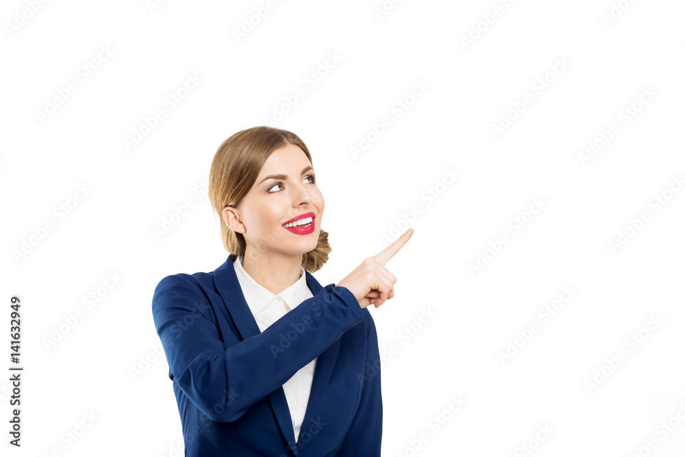 Happy elegant woman pointing to the right. White isolated background. Happy elegant woman pointing to the right. White isolated background.